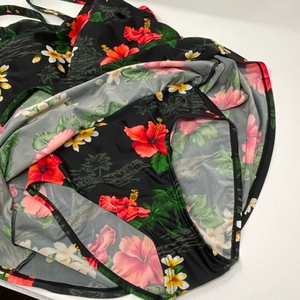 Beach Cabana One Piece Swim Suit Black W/Tropical print Size Small G11 - Picture 7 of 10